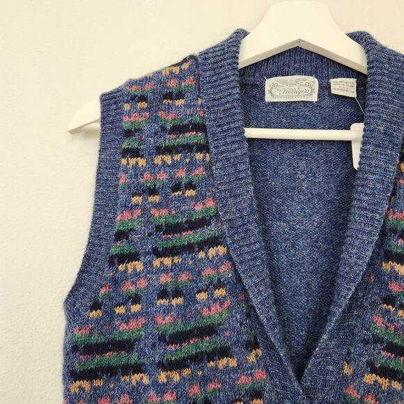 Vintage 70s The Villager Blue Fair Isle Knit Wool Sweater Vest Collared 80s S - Picture 4 of 8